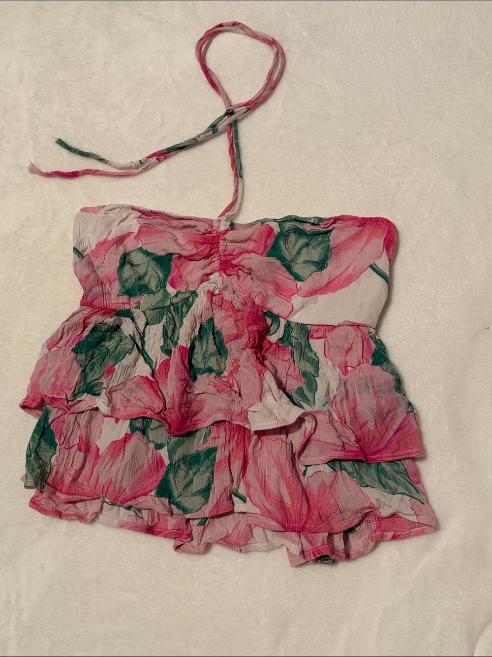 Hollister Pink and Green Floral Tiered Halter Tube Top
